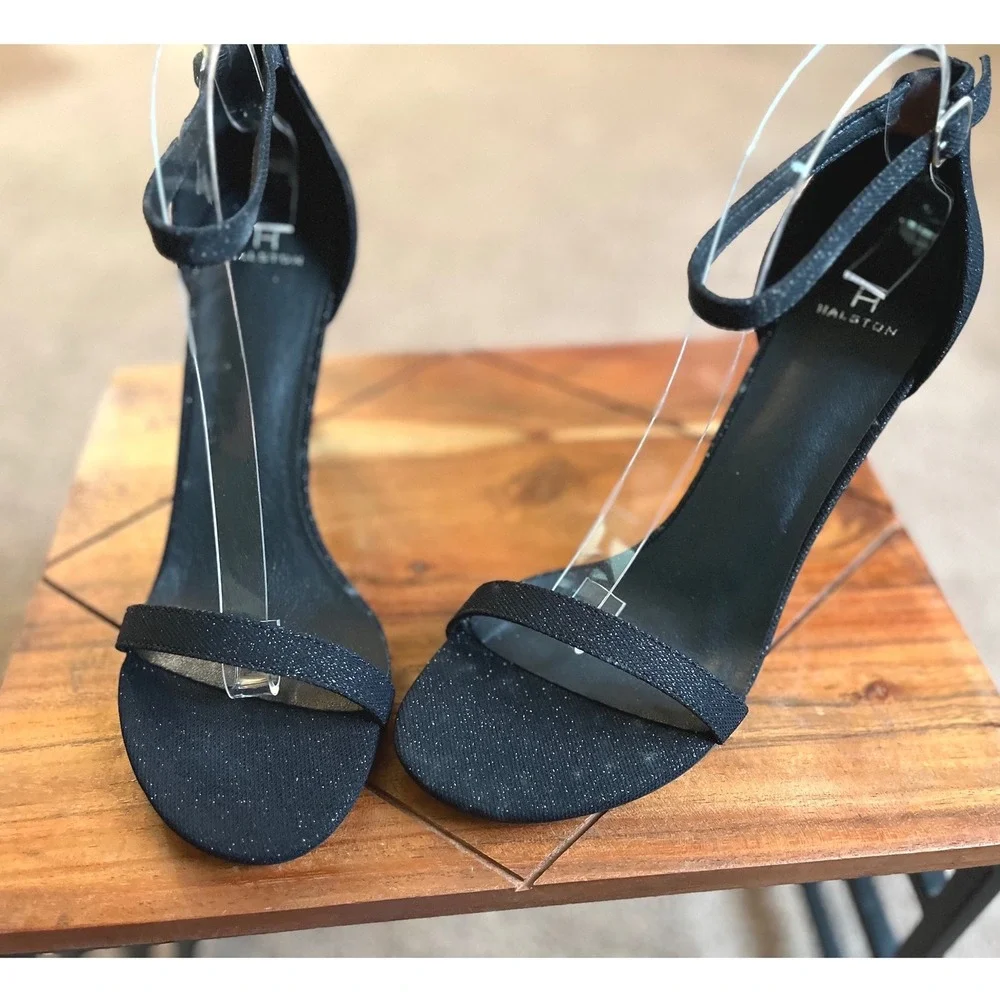Halston Maui Black Glitter Stiletto Ankle Strap Sandals Heels US 10 EU 41